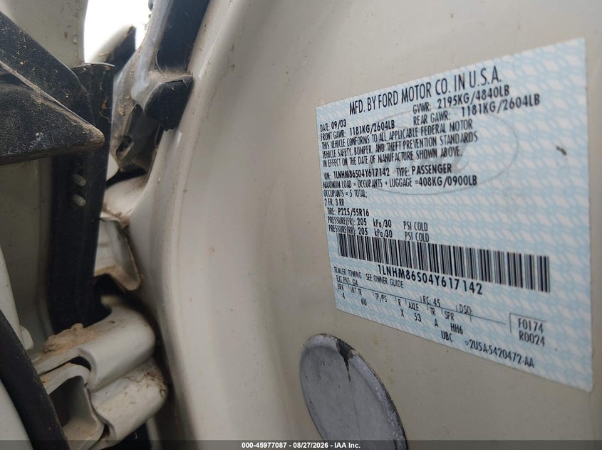 2004 Lincoln Ls VIN 1LNHM86S04Y617142 IAAI salvage auction — NORMAL WEAR, Clear (Louisiana), sold $425 on 2026-09-30 (photo 9)