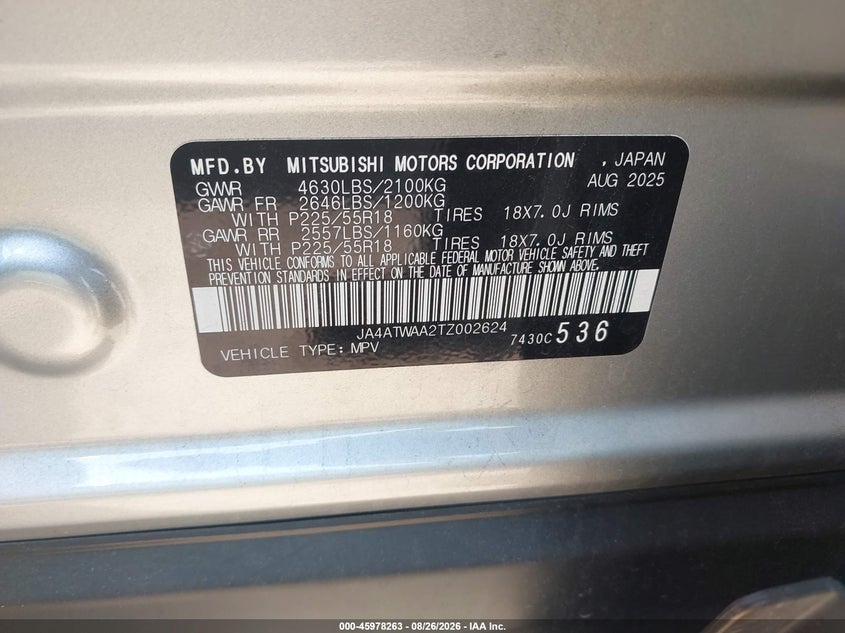 2026 Mitsubishi Eclipse cross VIN JA4ATWAA2TZ002624 IAAI salvage auction — FRONT END, Enterprise Vehicles Clear Only (Texas), sold $13,500 on 2026-09-02 (photo 9)