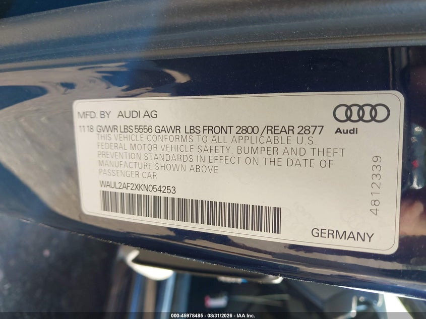 2019 Audi A6 VIN WAUL2AF2XKN054253 IAAI salvage auction — SIDE, Salvage (Virginia), sold $8,300 on 2026-09-05 (photo 9)