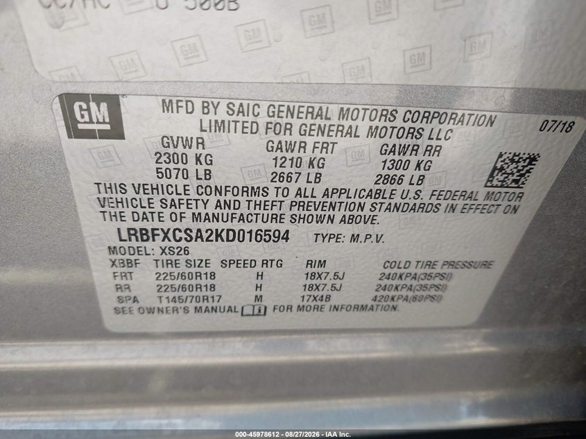 2019 Buick Envision VIN LRBFXCSA2KD016594 IAAI salvage auction — RIGHT SIDE, Wait Title, sold $3,675 on 2026-09-11 (photo 9)