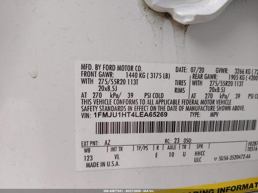 2020 Ford Expedition VIN 1FMJU1HT4LEA65269 IAAI salvage auction — SIDE, Wait Title, sold $4,600 on 2026-10-04 (photo 9)