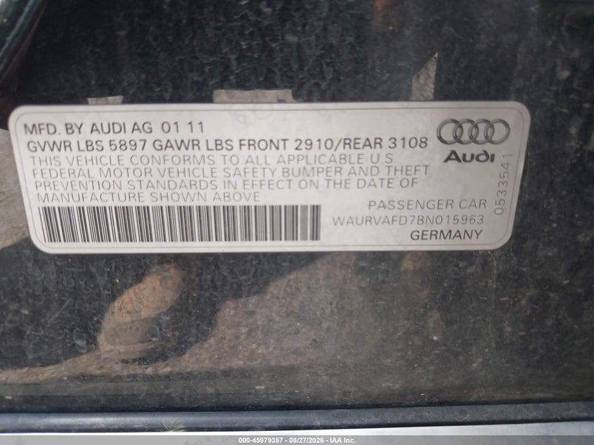 2011 Audi A8 VIN WAURVAFD7BN015963 IAAI salvage auction — NORMAL WEAR, Certificate Of Title (Nebraska), sold $675 on 2026-10-05 (photo 9)