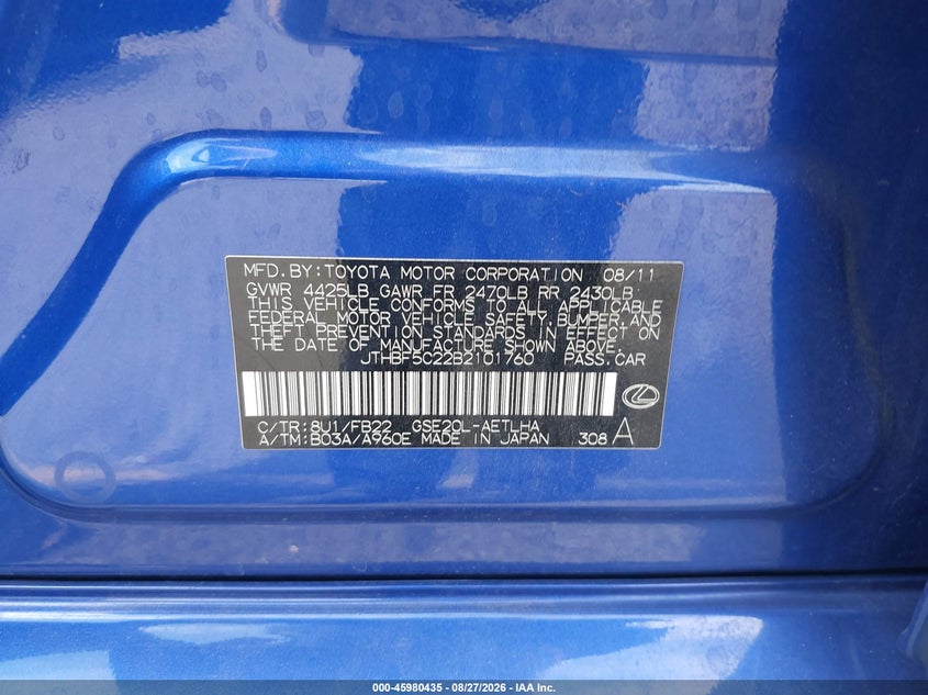 2011 Lexus Is VIN JTHBF5C22B2101760 IAAI salvage auction — FRONT END, Salvage (California), sold $1,600 on 2026-08-31 (photo 9)