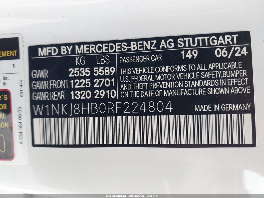 2024 Mercedes-benz VIN W1NKJ8HB0RF224804 IAAI salvage auction — RIGHT SIDE, Rebuildable (Florida), sold $33,900 on 2026-09-14 (photo 9)