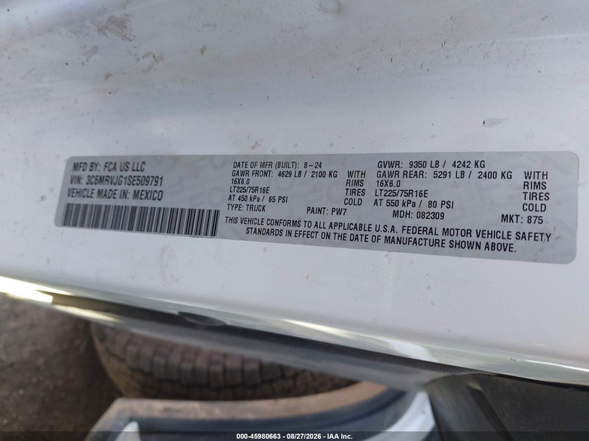 2025 Ram Promaster city VIN 3C6MRVJG1SE509791 IAAI salvage auction — FRONT END, Enterprise Vehicles Clear Only (Oregon), sold $19,500 on 2026-08-31 (photo 9)