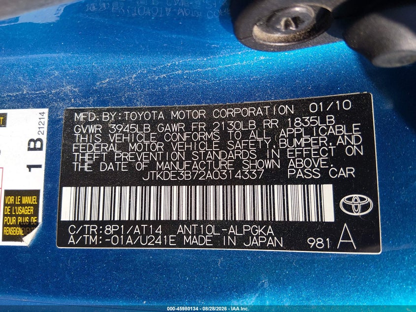 2010 Scion Tc VIN JTKDE3B72A0314337 IAAI salvage auction — REAR END, Salvage (Kansas), sold $500 on 2026-09-23 (photo 9)