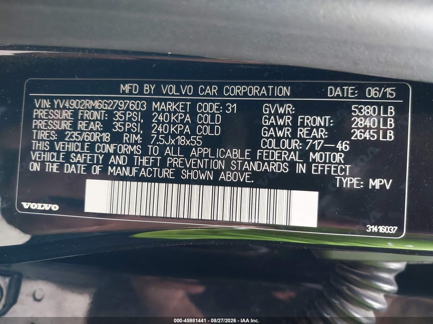 2016 Volvo Xc60 VIN YV4902RM6G2797603 IAAI salvage auction — REAR END, Wait Title, sold $4,650 on 2026-10-02 (photo 9)