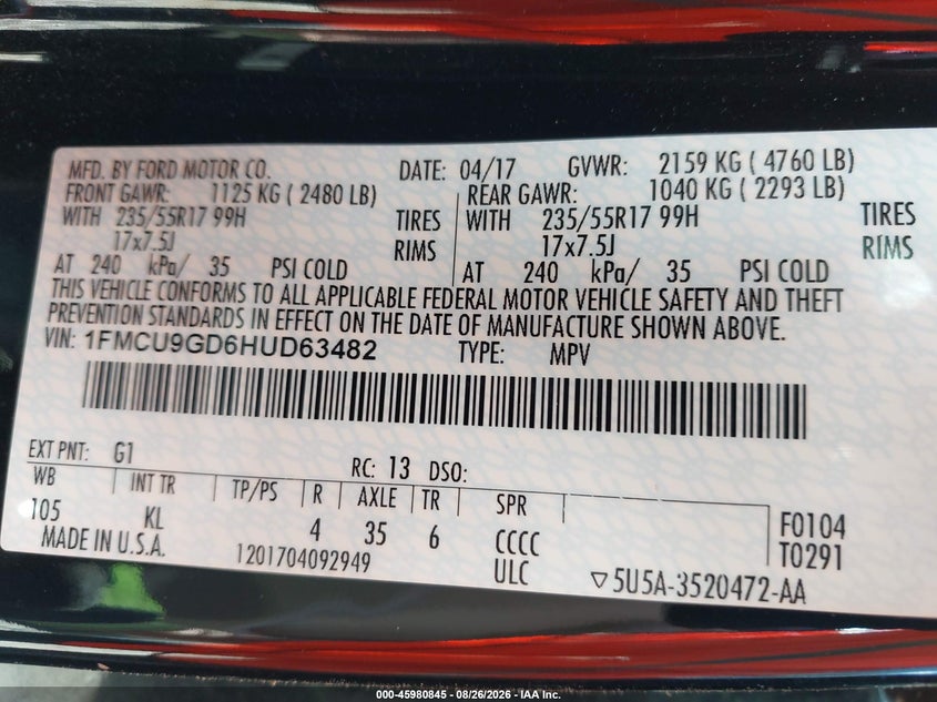 2017 Ford Escape VIN 1FMCU9GD6HUD63482 IAAI salvage auction — NORMAL WEAR, Clear (New Jersey), sold $275 on 2026-09-07 (photo 9)