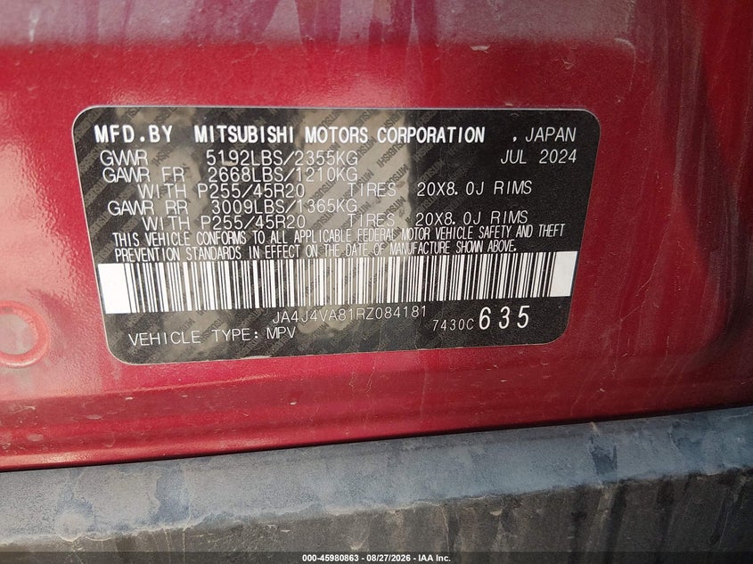 2024 Mitsubishi Outlander VIN JA4J4VA81RZ084181 IAAI salvage auction — FRONT END, Enterprise Vehicles Clear Only (Illinois), sold $12,600 on 2026-09-08 (photo 9)