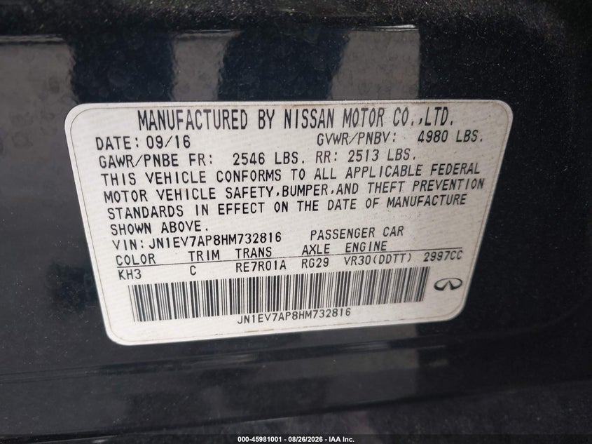 2017 Infiniti Q50 VIN JN1EV7AP8HM732816 IAAI salvage auction — NORMAL WEAR, Clear (Georgia), sold $3,025 on 2026-09-16 (photo 9)