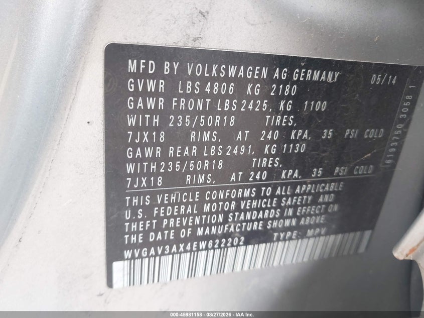 2014 Volkswagen Tiguan VIN WVGAV3AX4EW622202 IAAI salvage auction — WATER/FLOOD, Salvage Title, sold $600 on 2026-10-07 (photo 9)