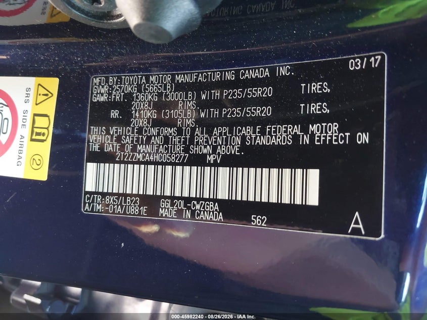 2017 Lexus Rx VIN 2T2ZZMCA4HC058277 IAAI salvage auction — LEFT FRONT, Salvage Certificate (California), sold $11,700 on 2026-09-05 (photo 9)