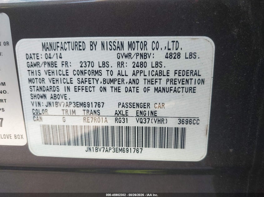 2014 Infiniti Q50 VIN JN1BV7AP3EM691767 IAAI salvage auction — NORMAL WEAR, Clear (Maryland), sold $2,500 on 2026-09-22 (photo 9)