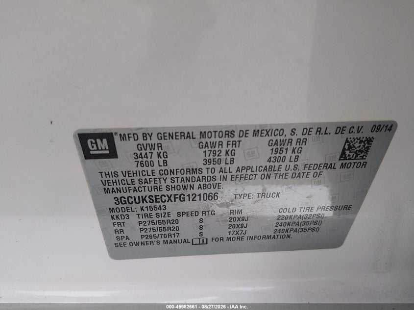 2015 Chevrolet Silverado 1500 VIN 3GCUKSECXFG121066 IAAI salvage auction — NORMAL WEAR, Repossession Paperwork (Georgia), sold $2,050 on 2026-10-05 (photo 9)