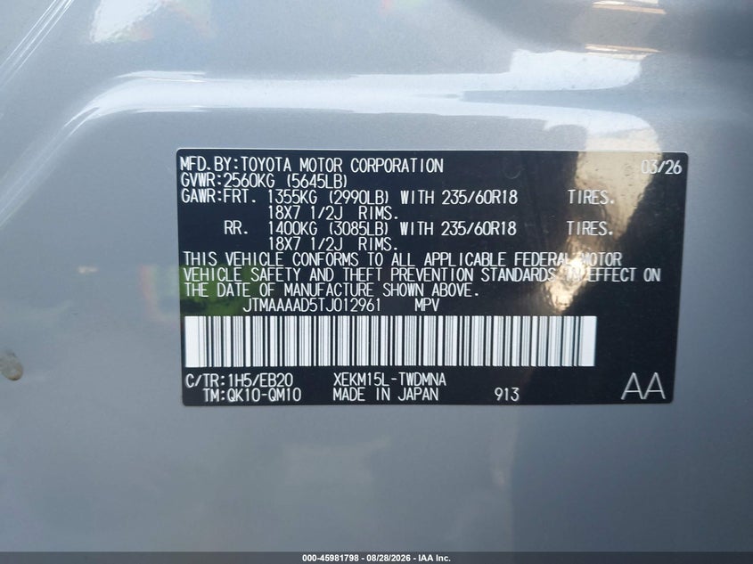 2026 Toyota C-hr VIN JTMAAAAD5TJ012961 IAAI salvage auction — RIGHT FRONT, Wait Title, sold $13,600 on 2026-09-22 (photo 9)