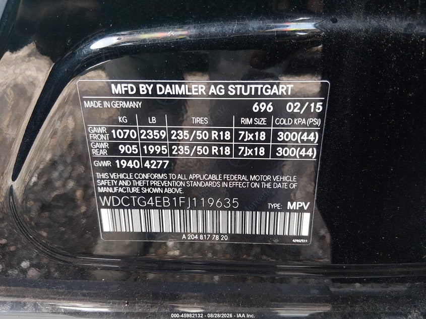 2015 Mercedes-benz Gla-klasse VIN WDCTG4EB1FJ119635 IAAI salvage auction — REAR END, Wait Title, sold $25 on 2026-09-10 (photo 9)