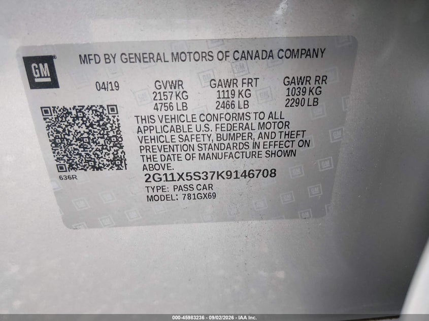 2019 Chevrolet Impala VIN 2G11X5S37K9146708 IAAI salvage auction — NORMAL WEAR, Sf97 (Maryland), sold $16,600 on 2026-09-08 (photo 9)
