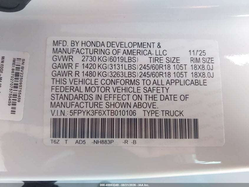 2026 Honda Ridgeline VIN 5FPYK3F6XTB010106 IAAI salvage auction — FRONT END, Salvage Title, sold $11,300 on 2026-10-15 (photo 9)