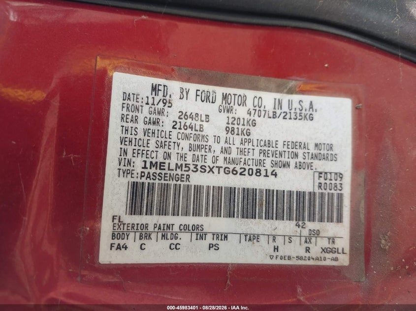 1996 Mercury Sable VIN 1MELM53SXTG620814 IAAI salvage auction — NORMAL WEAR, Clear (Illinois), sold $25 on 2026-09-08 (photo 9)
