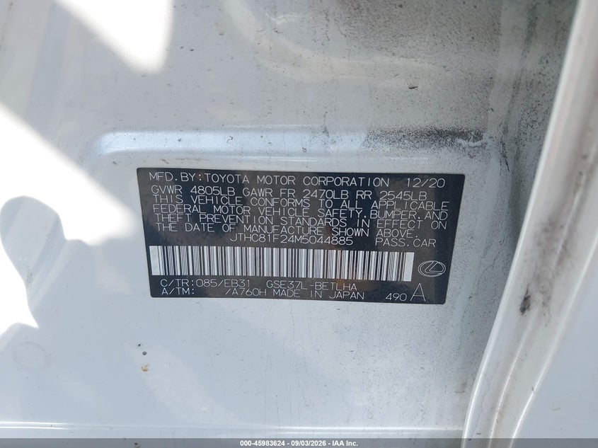 2021 Lexus Is VIN JTHC81F24M5044885 IAAI salvage auction — FRONT END, Salvage Title, sold $50 on 2026-10-08 (photo 9)