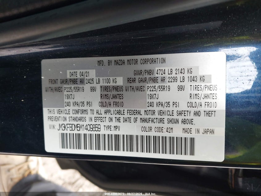2021 Mazda Cx-5 VIN JM3KFBDM5M1409859 IAAI salvage auction — REAR END, Salvage (Pennsylvania), sold $6,800 on 2026-09-22 (photo 9)