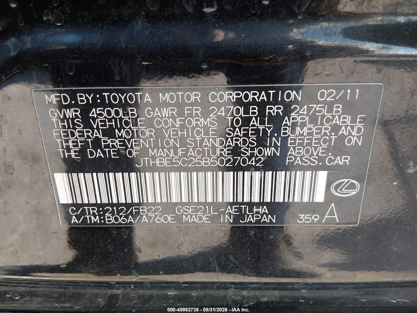 2011 Lexus Is 350 VIN JTHBE5C25B5027042 IAAI salvage auction — NORMAL WEAR, Original (Texas), sold $725 on 2026-09-28 (photo 9)