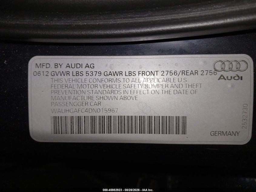 2013 Audi A6 VIN WAUHGAFC4DN015967 IAAI salvage auction — LEFT FRONT, Wait Title, sold $2,100 on 2026-10-09 (photo 9)