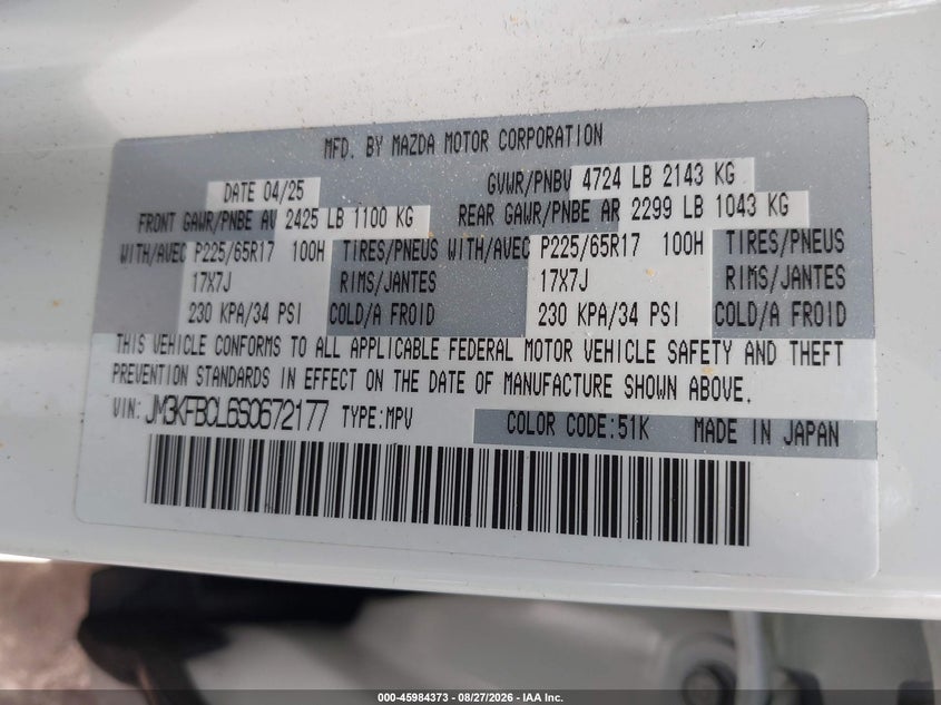 2025 Mazda Cx-5 VIN JM3KFBCL6S0672177 IAAI salvage auction — REAR END, Enterprise Vehicles Clear Only (New York), sold $11,000 on 2026-08-30 (photo 9)