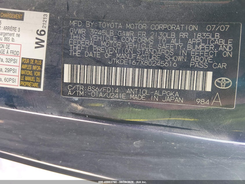 2008 Scion Tc VIN JTKDE167X80245616 IAAI salvage auction — Unknown, Salvage (Texas), sold $25 on 2026-09-25 (photo 9)