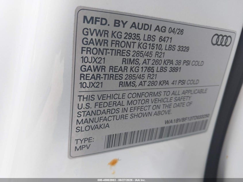 2026 Audi Q8 VIN WA1BVBF13TD033250 IAAI salvage auction — RIGHT FRONT, Salvage Title, sold $50,000 on 2026-09-03 (photo 9)