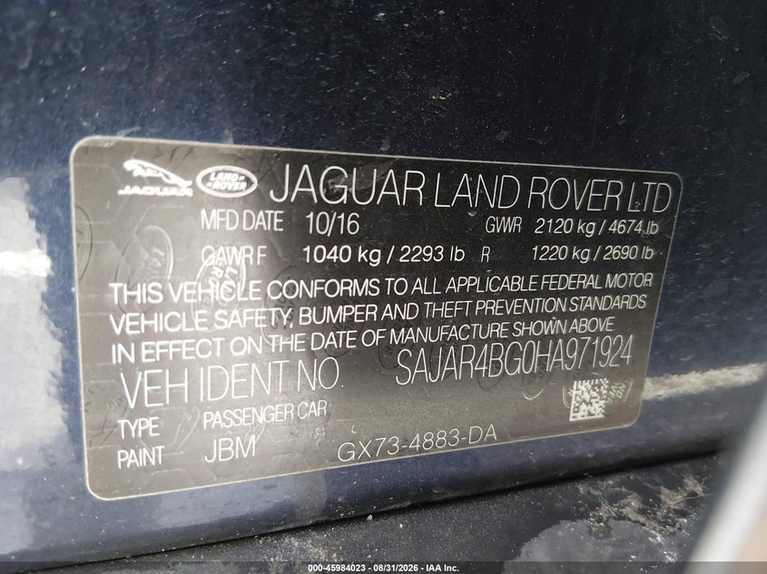 2017 Jaguar Xe VIN SAJAR4BG0HA971924 IAAI salvage auction — NORMAL WEAR, Clear (Louisiana), sold $450 on 2026-09-28 (photo 9)