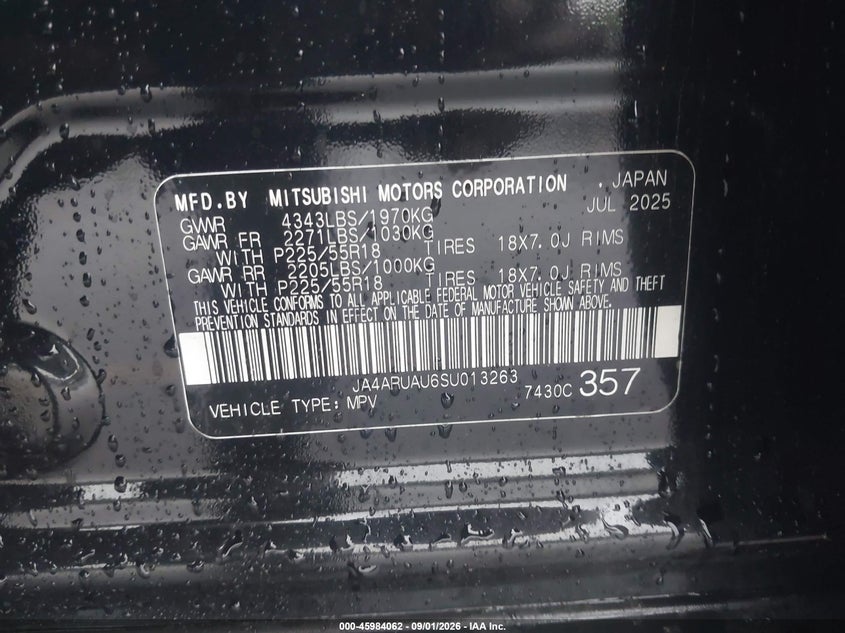 2025 Mitsubishi Outlander sport VIN JA4ARUAU6SU013263 IAAI salvage auction — FRONT END, Clear (Connecticut), sold $4,800 on 2026-10-08 (photo 9)