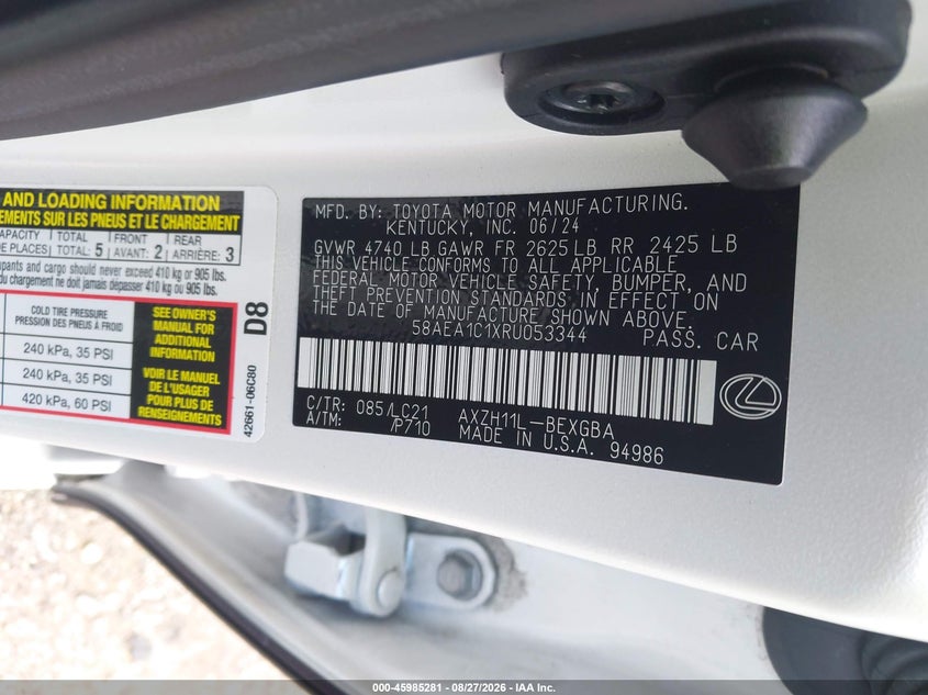 2024 Lexus ES VIN 58AEA1C1XRU053344 IAAI salvage auction — FRONT END, Wait Title, sold $9,500 on 2026-09-24 (photo 9)