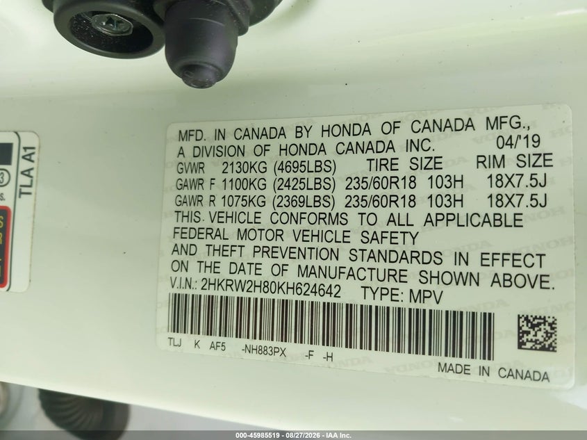 2019 Honda Cr-v VIN 2HKRW2H80KH624642 IAAI salvage auction — SIDE, Salvage Title, sold $0 on 2026-10-09 (photo 9)