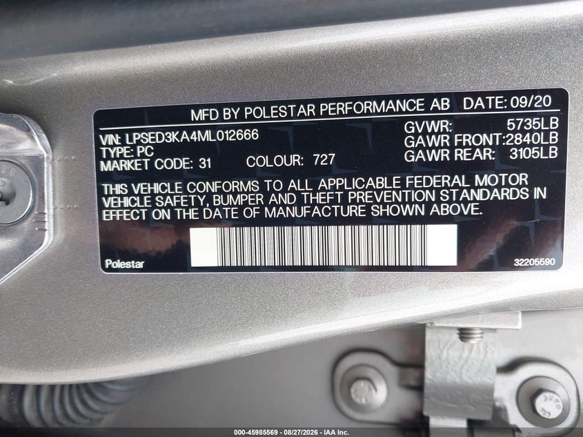 2021 Polestar 2 VIN LPSED3KA4ML012666 IAAI salvage auction — REAR END, Wait Title, sold $9,575 on 2026-09-06 (photo 9)
