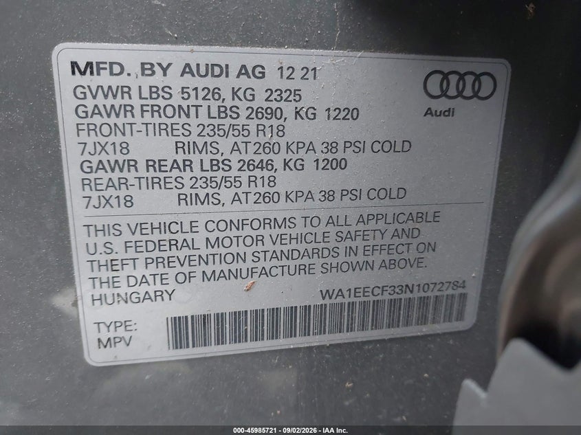 2022 Audi Q3 VIN WA1EECF33N1072784 IAAI salvage auction — BIO HAZARD, Wait Title, sold $12,400 on 2026-09-26 (photo 9)