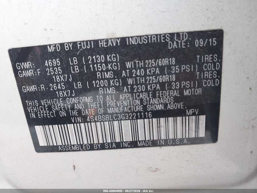2016 Subaru Outback VIN 4S4BSBLC3G3221116 IAAI salvage auction — FRONT END, Wait Title, sold $0 on 2026-10-21 (photo 9)