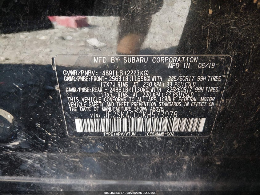 2019 Subaru Forester VIN JF2SKACC0KH573078 IAAI salvage auction — FRONT END, Wait Title, sold $2,100 on 2026-09-30 (photo 9)