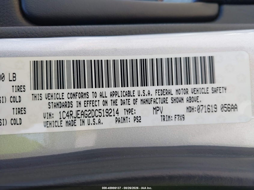2013 Jeep Grand cherokee VIN 1C4RJEAG2DC519214 IAAI salvage auction — NORMAL WEAR, Clear - Dealer Only (California), sold $2,075 on 2026-09-05 (photo 9)
