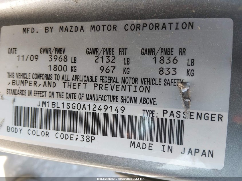 2010 Mazda 3 VIN JM1BL1SG0A1249149 IAAI salvage auction — UNKNOWN, Clear - Dealer Only (California), sold $1,000 on 2026-09-16 (photo 9)