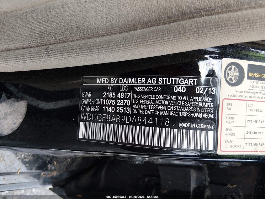 2013 Mercedes-benz C-klasse VIN WDDGF8AB9DA844118 IAAI salvage auction — FRONT END, Clear (New Jersey), sold $775 on 2026-09-02 (photo 9)