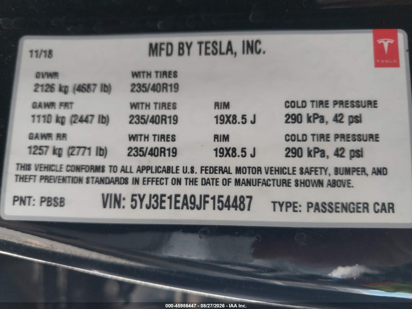 2018 Tesla Model 3 VIN 5YJ3E1EA9JF154487 IAAI salvage auction — FRONT END, Salvage Title, sold $5,175 on 2026-09-21 (photo 9)