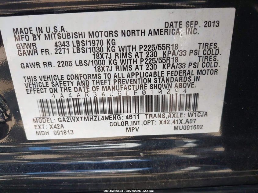 2014 Mitsubishi Outlander VIN 4A4AR3AU6EE010094 IAAI salvage auction — FRONT END, Salvage (Ohio), sold $1,025 on 2026-09-22 (photo 9)