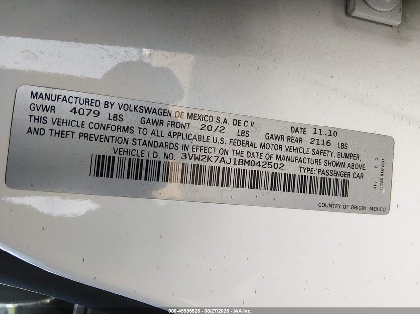 2011 Volkswagen Jetta VIN 3VW2K7AJ1BM042502 IAAI salvage auction — NORMAL WEAR, Clear - Dealer Only (California), sold $25 on 2026-09-08 (photo 9)