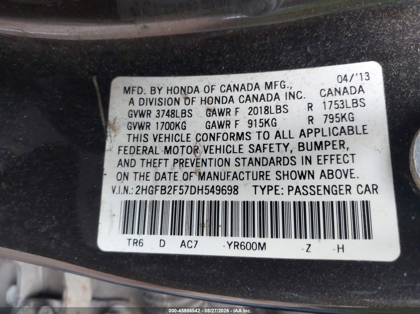 2013 Honda Civic VIN 2HGFB2F57DH549698 IAAI salvage auction — NORMAL WEAR, Clear (Virginia), sold $1,000 on 2026-09-02 (photo 9)
