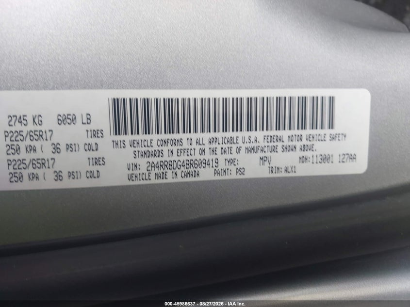 2011 Chrysler Town & country VIN 2A4RR8DG4BR609419 IAAI salvage auction — SIDE, Salvage (North Carolina), sold $1,450 on 2026-09-15 (photo 9)