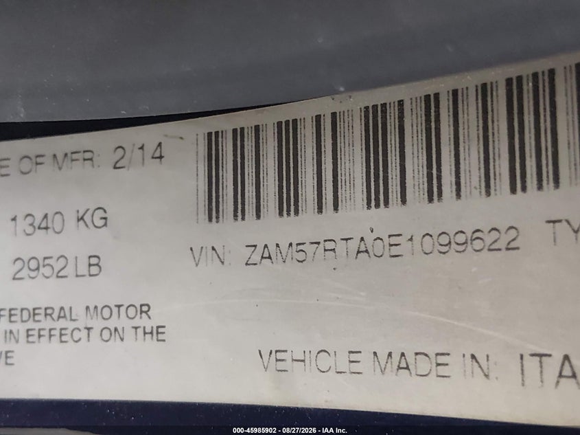 2014 Maserati Ghibli VIN ZAM57RTA0E1099622 IAAI salvage auction — NORMAL WEAR, Original (Texas), sold $775 on 2026-09-08 (photo 9)