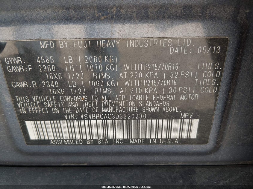 2013 Subaru Outback VIN 4S4BRCAC3D3320230 IAAI salvage auction — NORMAL WEAR, Salvage (Wisconsin), sold $400 on 2026-09-15 (photo 9)