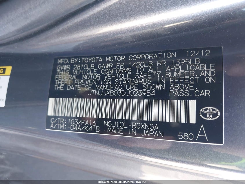 2013 Scion Iq VIN JTNJJXB03DJ023954 IAAI salvage auction — NORMAL WEAR, Clear (Nevada), sold $1,500 on 2026-09-04 (photo 9)