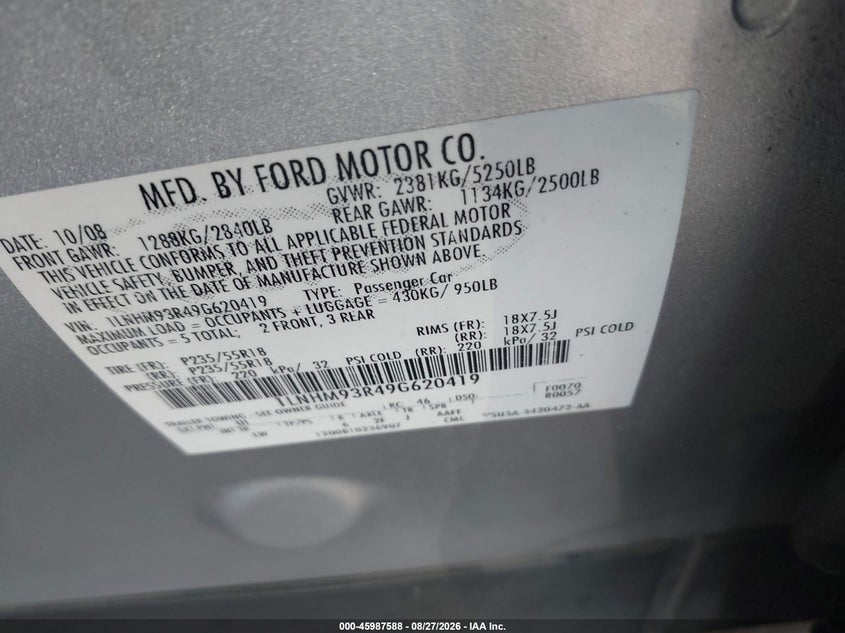 2009 Lincoln Mks VIN 1LNHM93R49G620419 IAAI salvage auction — NORMAL WEAR, Clear (Indiana), sold $725 on 2026-09-08 (photo 9)